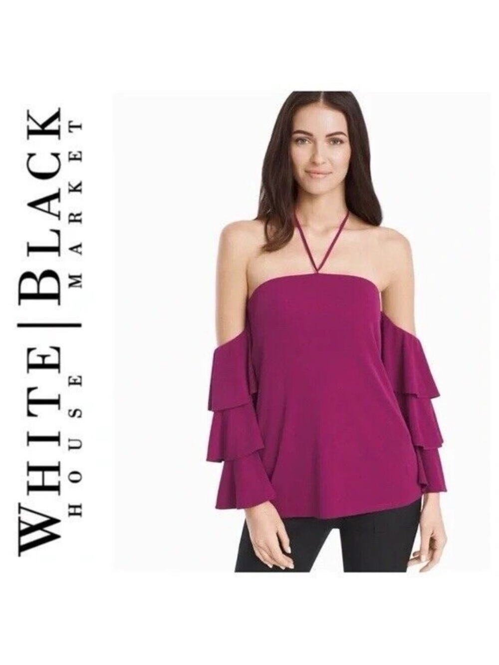 White House Black Market Magenta Off-Shoulder Halter Ruffle Sleeve Top